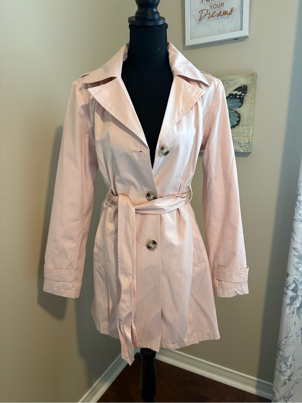 Classic Women's Light Pink Trench Coat with Belt and Removable hood.